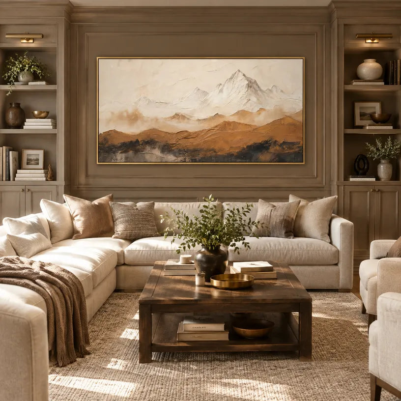 Wabi-Sabi abstract oil painting showing layered abstract marks, texture and expressive painterly movement in a beige palette.