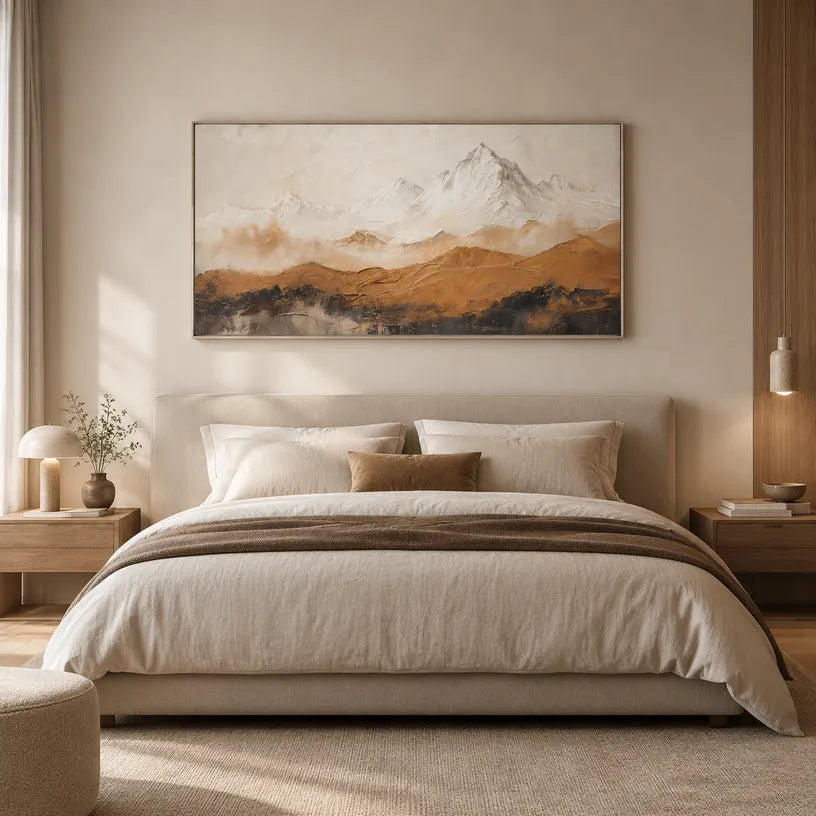 Wabi-Sabi abstract oil painting showing layered abstract marks, texture and expressive painterly movement in a beige palette.
