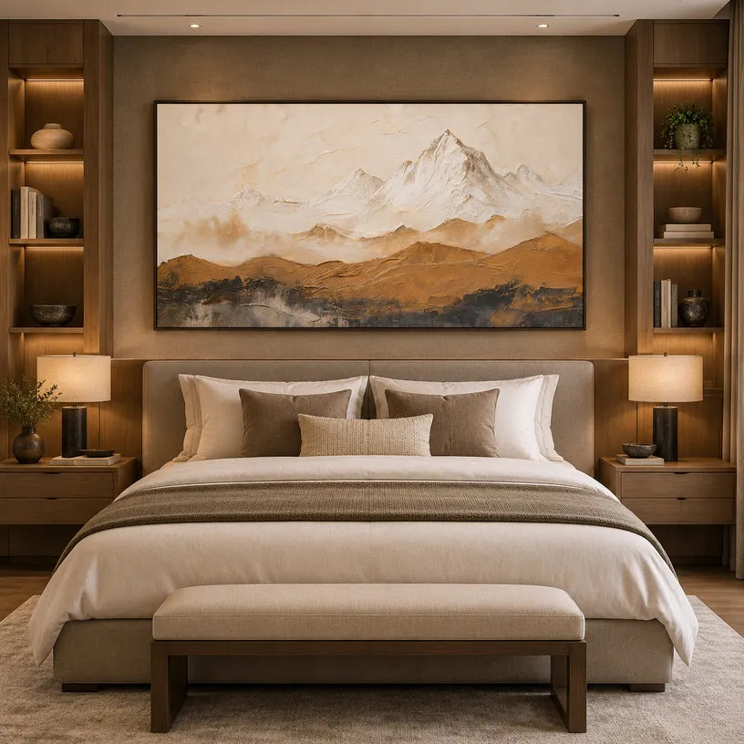 Wabi-Sabi abstract oil painting showing layered abstract marks, texture and expressive painterly movement in a beige palette.