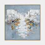 Wabi-Sabi abstract oil painting showing layered abstract marks, texture and expressive painterly movement in a blue palette.
