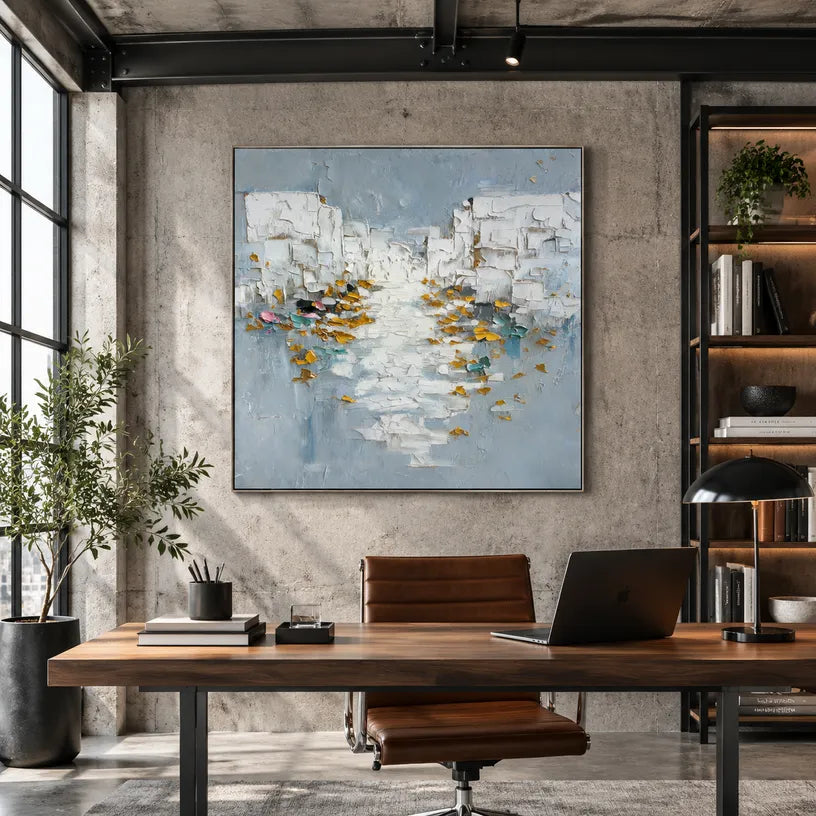 Wabi-Sabi abstract oil painting showing layered abstract marks, texture and expressive painterly movement in a blue palette.