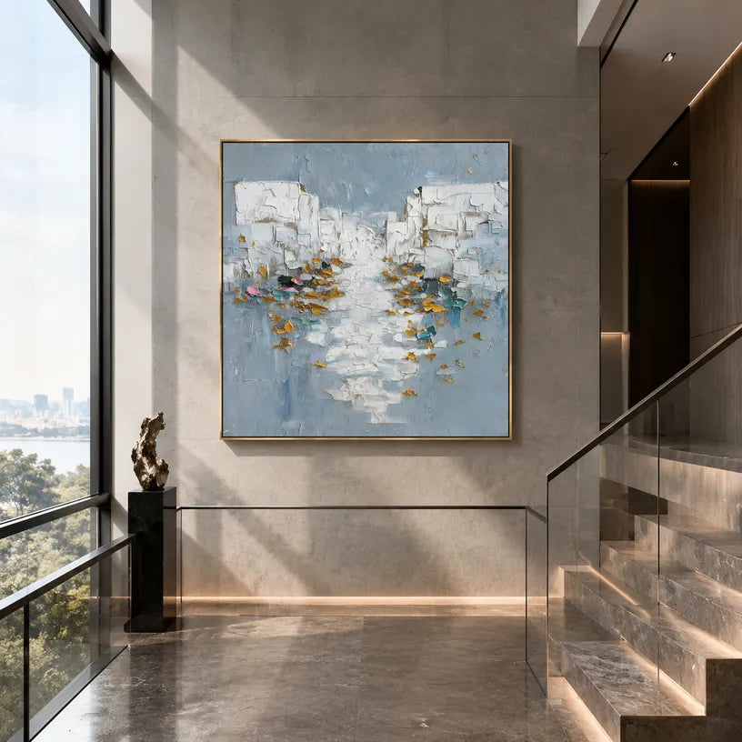 Wabi-Sabi abstract oil painting showing layered abstract marks, texture and expressive painterly movement in a blue palette.