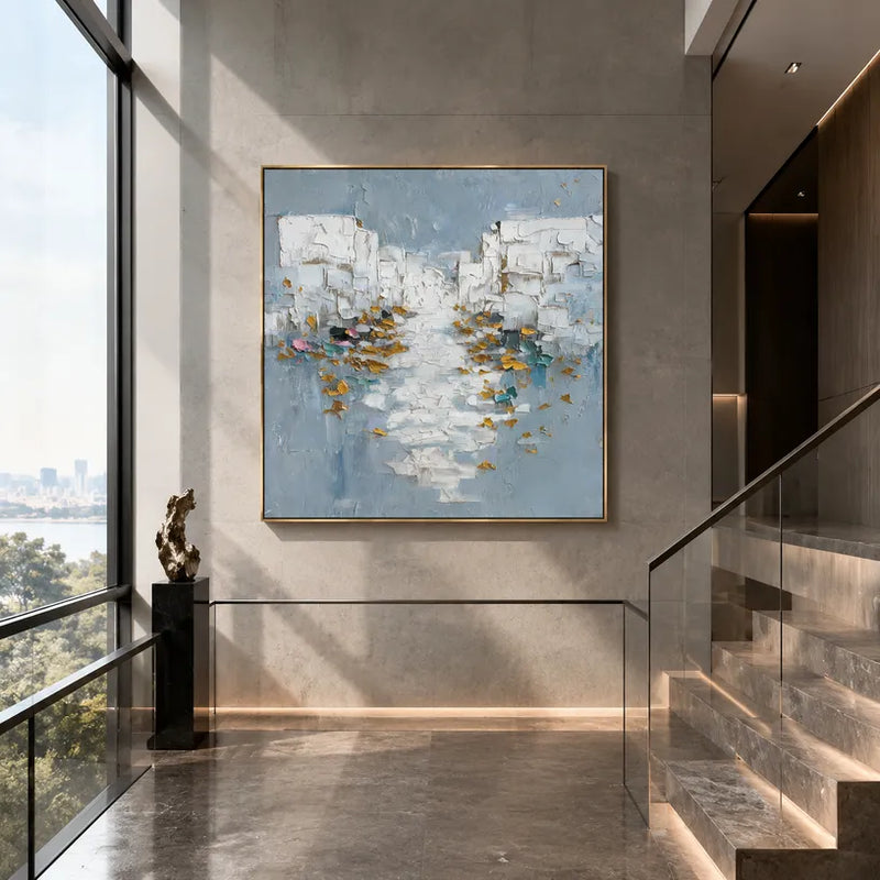 Dipinto a olio Wabi-Sabi con paesaggi, paesaggi marini e paesaggi urbani, caratterizzato da un paesaggio atmosferico, un paesaggio marino o una composizione ispirata alla città in una tavolozza blu.