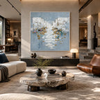 Wabi-Sabi abstract oil painting showing layered abstract marks, texture and expressive painterly movement in a blue palette.