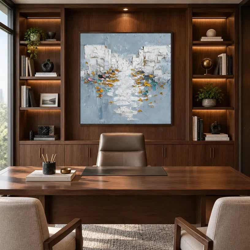 Wabi-Sabi abstract oil painting showing layered abstract marks, texture and expressive painterly movement in a blue palette.