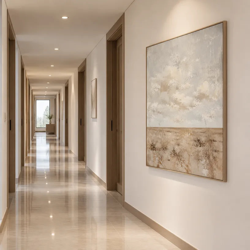 Wabi-Sabi abstract oil painting showing layered abstract marks, texture and expressive painterly movement in a beige palette.