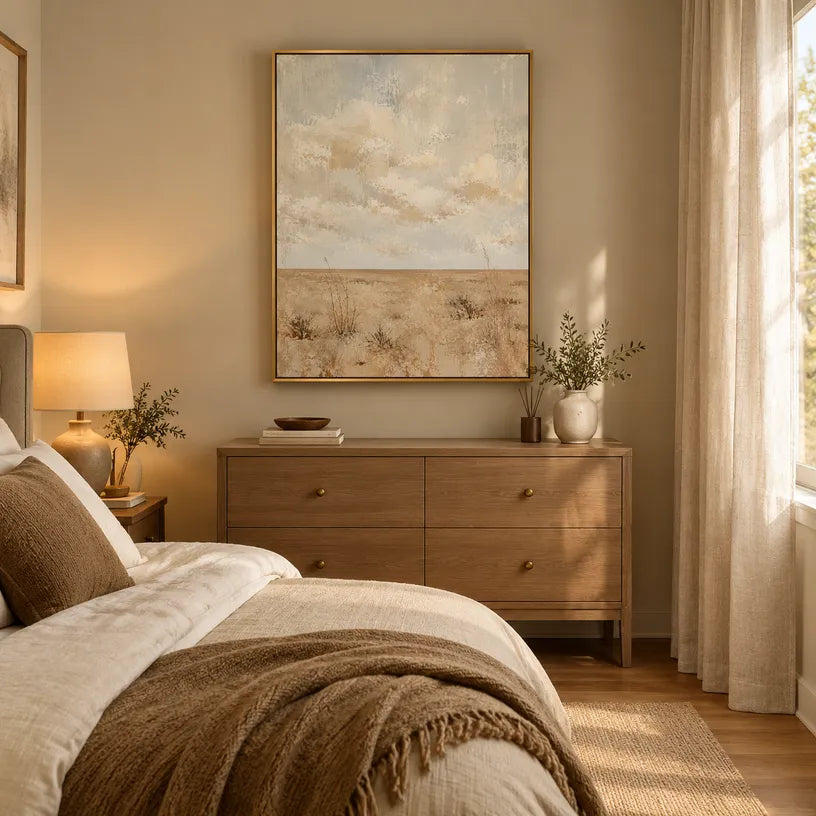 Wabi-Sabi abstract oil painting showing layered abstract marks, texture and expressive painterly movement in a beige palette.