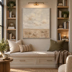 Wabi-Sabi abstract oil painting showing layered abstract marks, texture and expressive painterly movement in a beige palette.