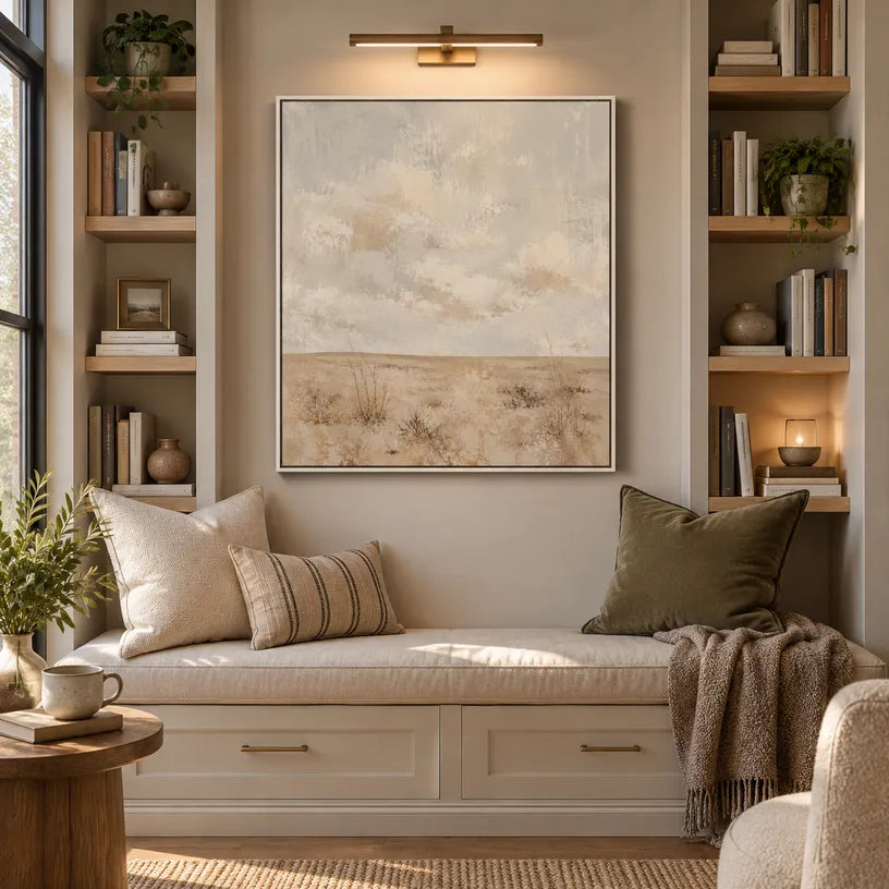 Wabi-Sabi abstract oil painting showing layered abstract marks, texture and expressive painterly movement in a beige palette.
