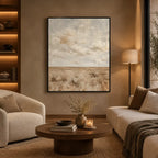 Wabi-Sabi abstract oil painting showing layered abstract marks, texture and expressive painterly movement in a beige palette.