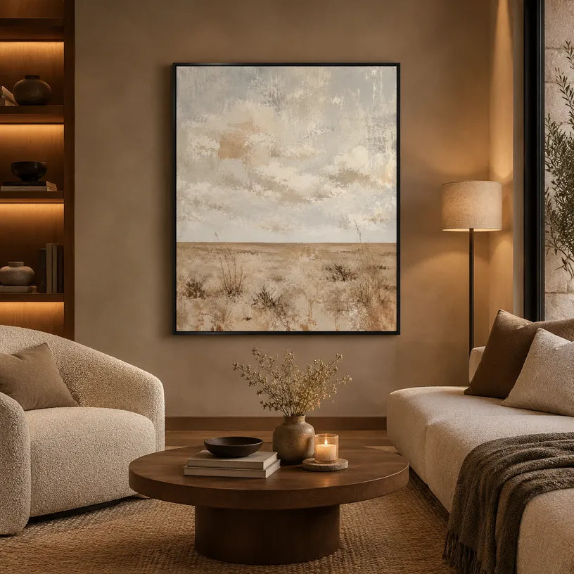 Wabi-Sabi abstract oil painting showing layered abstract marks, texture and expressive painterly movement in a beige palette.