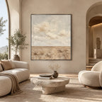 Wabi-Sabi abstract oil painting showing layered abstract marks, texture and expressive painterly movement in a beige palette.