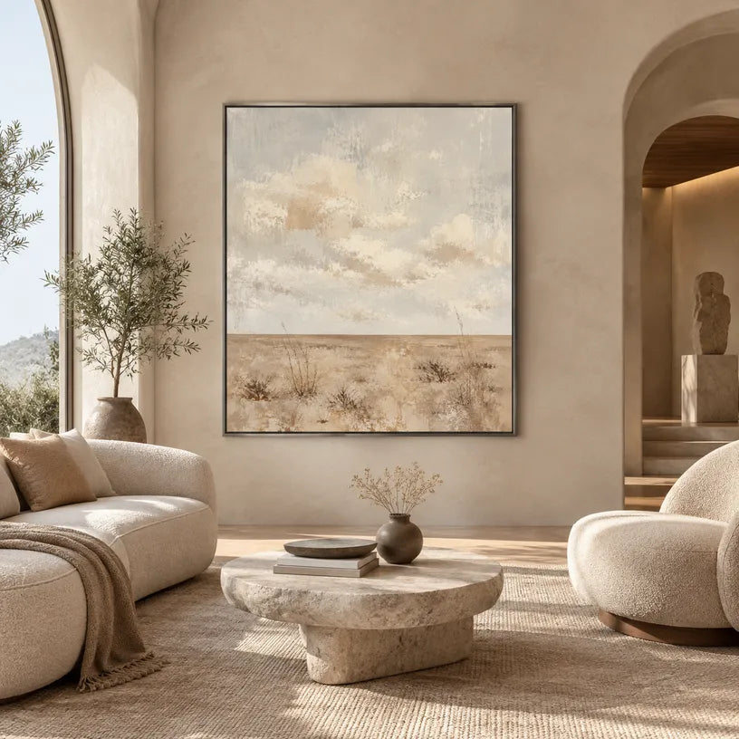 Wabi-Sabi abstract oil painting showing layered abstract marks, texture and expressive painterly movement in a beige palette.