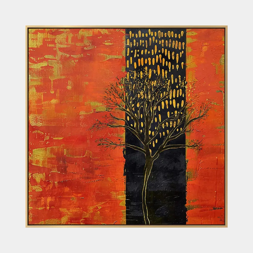 Wabi-Sabi abstract oil painting showing layered abstract marks, texture and expressive painterly movement in a orange palette.