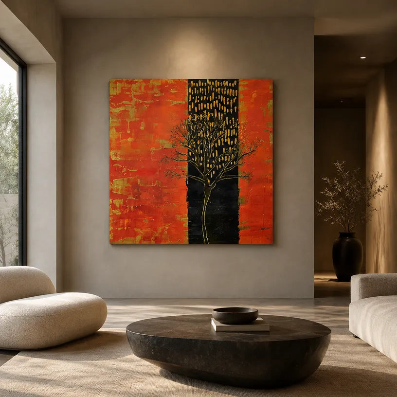 Wabi-Sabi abstract oil painting showing layered abstract marks, texture and expressive painterly movement in a orange palette.