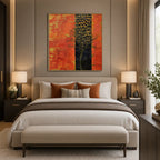 Wabi-Sabi abstract oil painting showing layered abstract marks, texture and expressive painterly movement in a orange palette.
