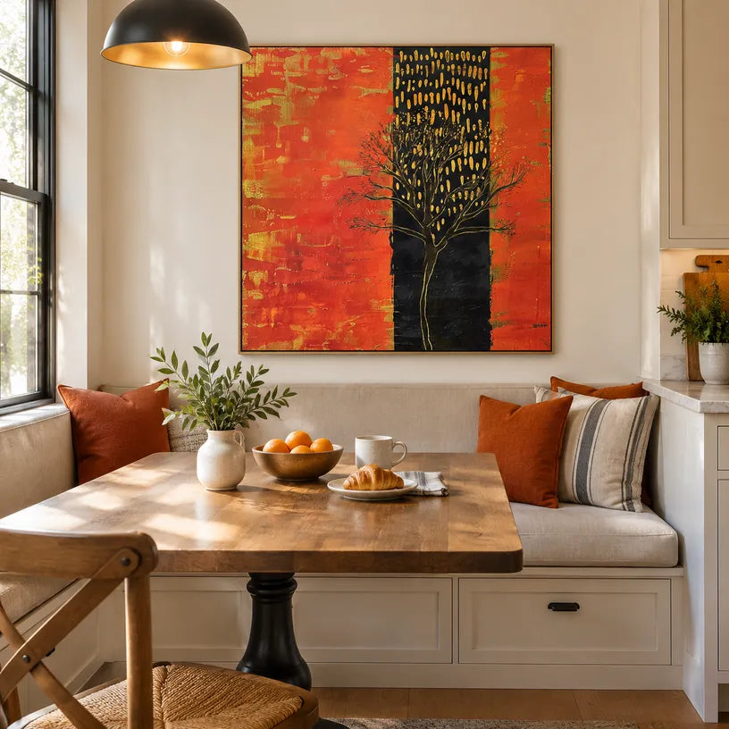 Wabi-Sabi abstract oil painting showing layered abstract marks, texture and expressive painterly movement in a orange palette.