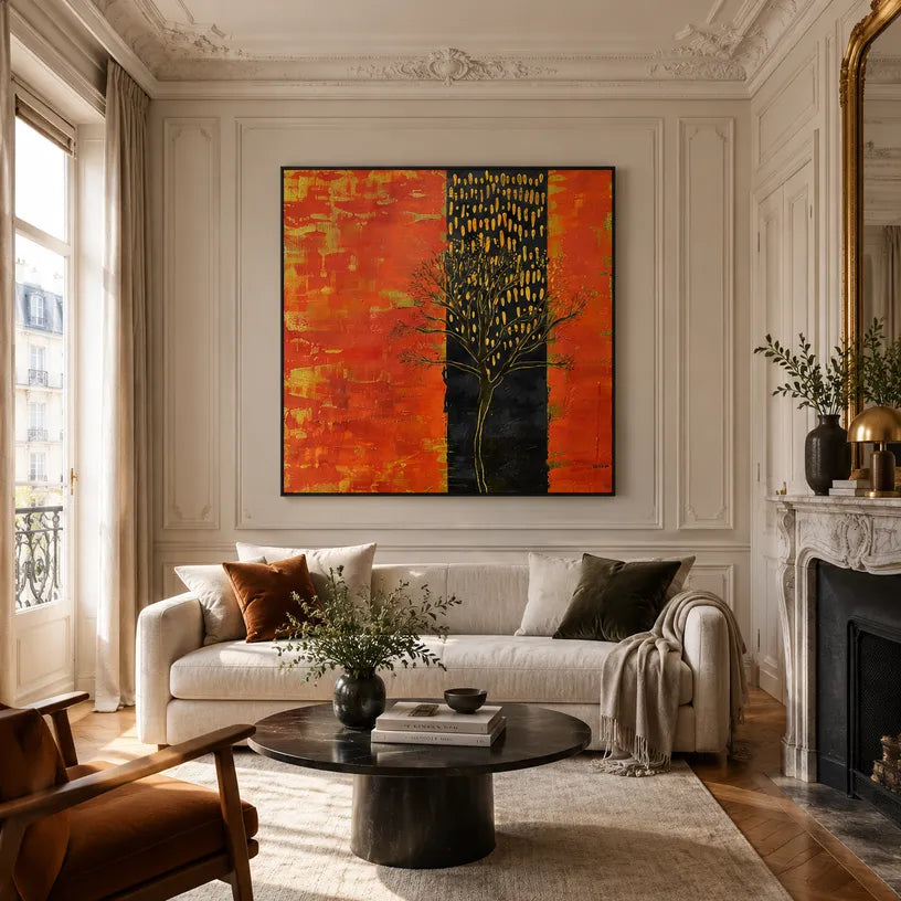 Wabi-Sabi abstract oil painting showing layered abstract marks, texture and expressive painterly movement in a orange palette.
