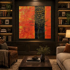 Wabi-Sabi abstract oil painting showing layered abstract marks, texture and expressive painterly movement in a orange palette.