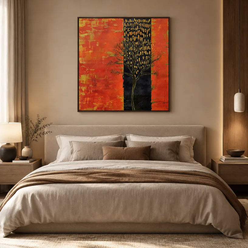 Wabi-Sabi abstract oil painting showing layered abstract marks, texture and expressive painterly movement in a orange palette.