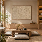 Wabi-Sabi abstract oil painting showing layered abstract marks, texture and expressive painterly movement in a beige palette.