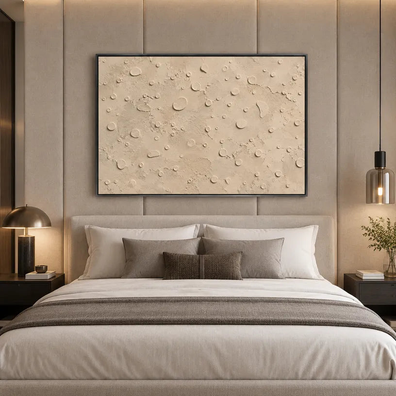 Wabi-Sabi abstract oil painting showing layered abstract marks, texture and expressive painterly movement in a beige palette.
