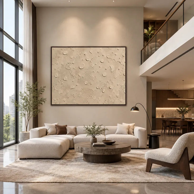 Wabi-Sabi abstract oil painting showing layered abstract marks, texture and expressive painterly movement in a beige palette.