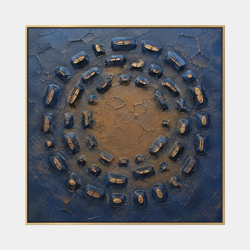 Wabi-Sabi abstract oil painting showing layered abstract marks, texture and expressive painterly movement in a blue palette.