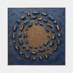 Wabi-Sabi abstract oil painting showing layered abstract marks, texture and expressive painterly movement in a blue palette.