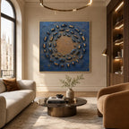 Wabi-Sabi abstract oil painting showing layered abstract marks, texture and expressive painterly movement in a blue palette.