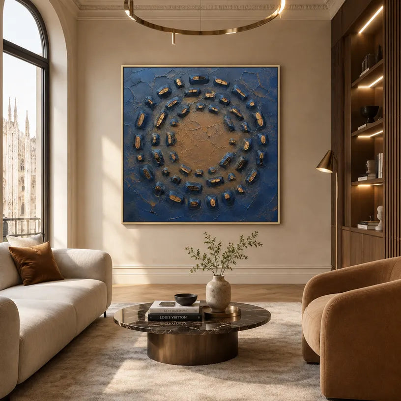 Wabi-Sabi abstract oil painting showing layered abstract marks, texture and expressive painterly movement in a blue palette.