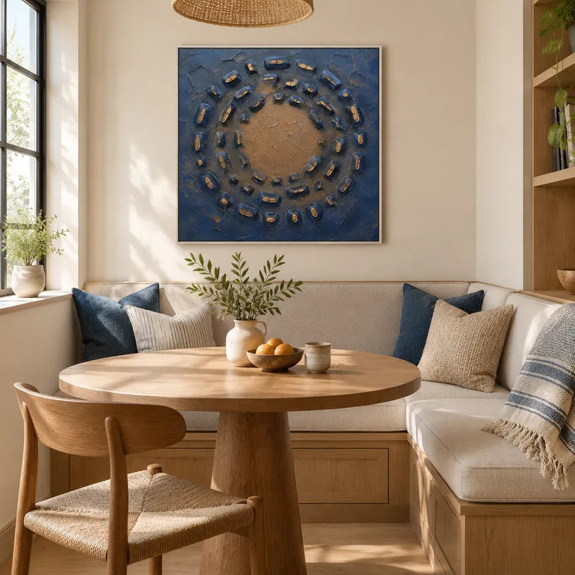 Wabi-Sabi abstract oil painting showing layered abstract marks, texture and expressive painterly movement in a blue palette.