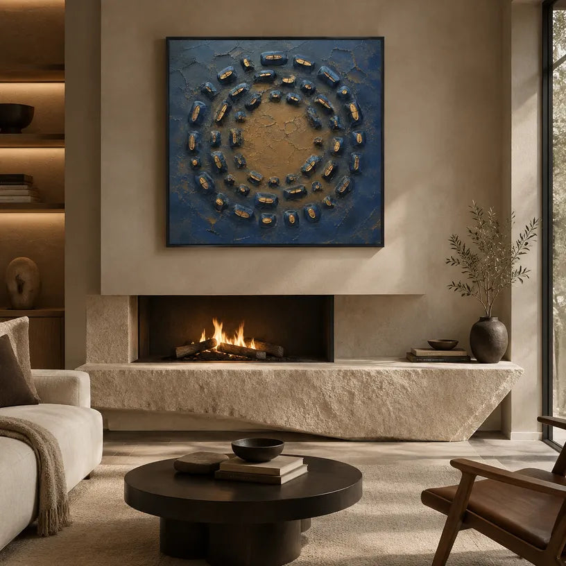 Wabi-Sabi abstract oil painting showing layered abstract marks, texture and expressive painterly movement in a blue palette.