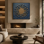 Wabi-Sabi abstract oil painting showing layered abstract marks, texture and expressive painterly movement in a blue palette.