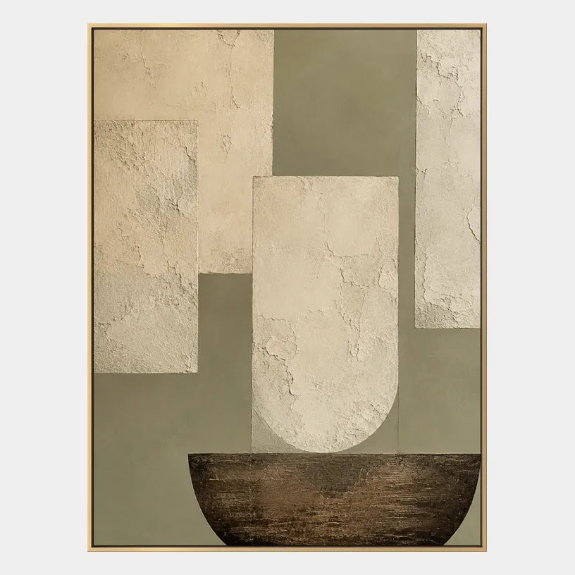 Wabi-Sabi abstract oil painting showing layered abstract marks, texture and expressive painterly movement in a beige palette.