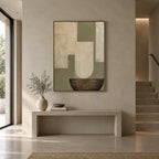 Wabi-Sabi abstract oil painting showing layered abstract marks, texture and expressive painterly movement in a beige palette.