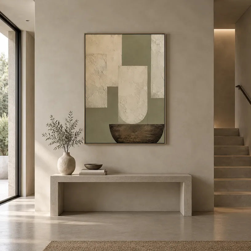 Wabi-Sabi abstract oil painting showing layered abstract marks, texture and expressive painterly movement in a beige palette.