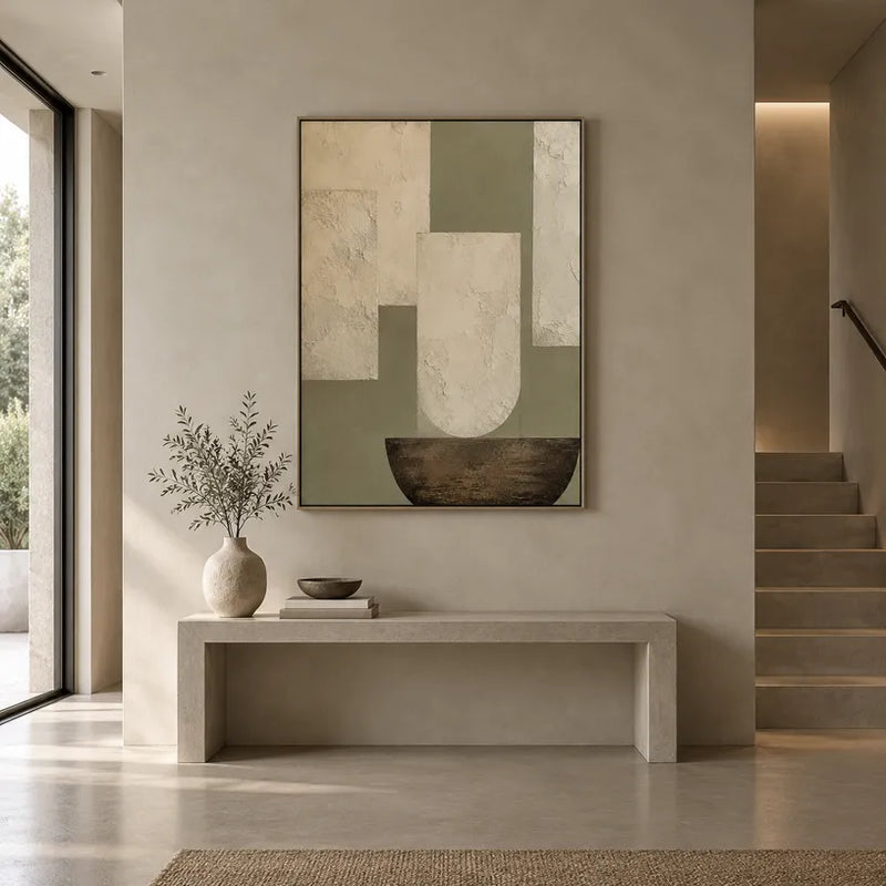 Abstraktes und konzeptuelles Ölgemälde von Wabi-Sabi mit geschichteten abstrakten Zeichen, Textur und ausdrucksstarker malerischer Bewegung in einer Beige-Palette.