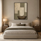 Wabi-Sabi abstract oil painting showing layered abstract marks, texture and expressive painterly movement in a beige palette.