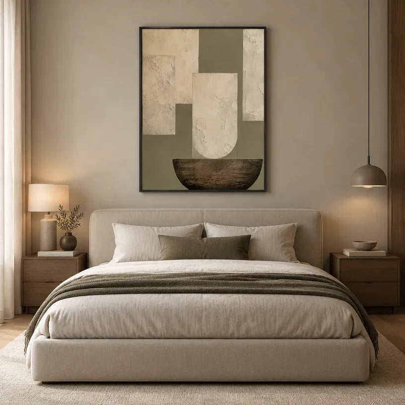 Wabi-Sabi abstract oil painting showing layered abstract marks, texture and expressive painterly movement in a beige palette.