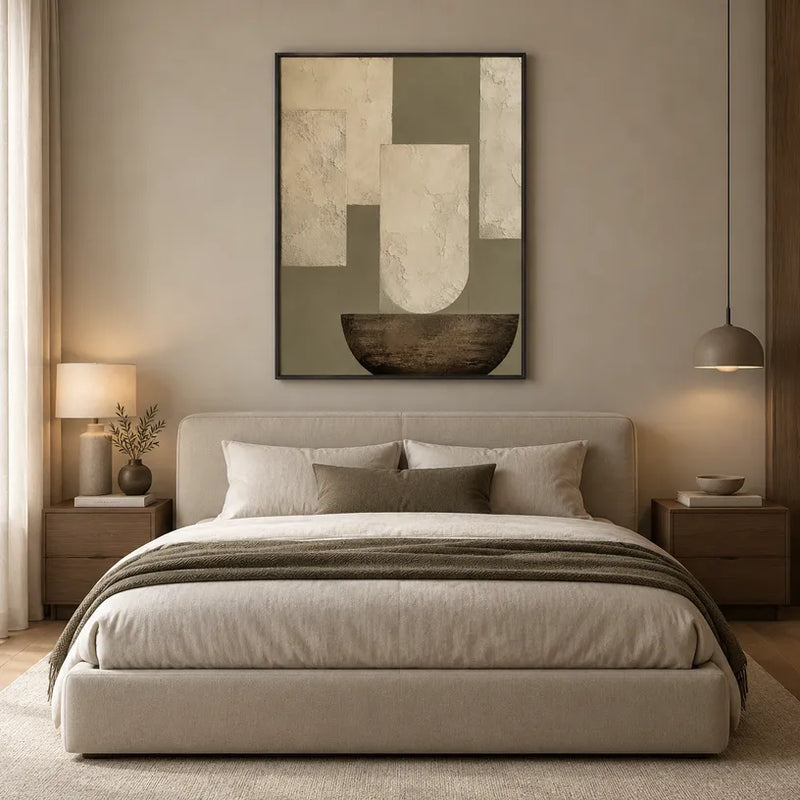 Abstraktes und konzeptuelles Ölgemälde von Wabi-Sabi mit geschichteten abstrakten Zeichen, Textur und ausdrucksstarker malerischer Bewegung in einer Beige-Palette.