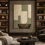Wabi-Sabi abstract oil painting showing layered abstract marks, texture and expressive painterly movement in a beige palette.