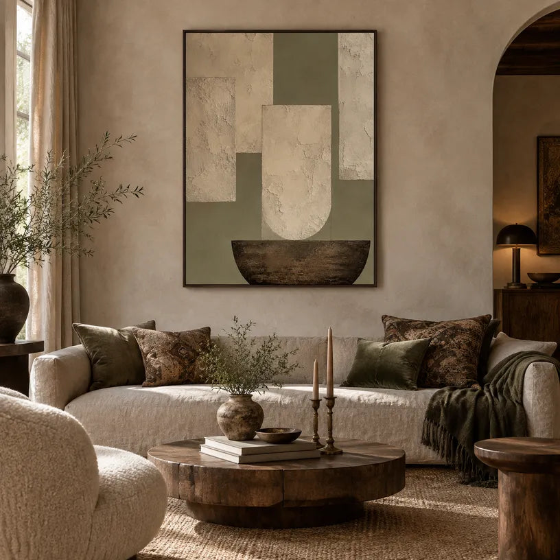 Wabi-Sabi abstract oil painting showing layered abstract marks, texture and expressive painterly movement in a beige palette.