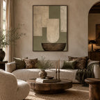 Wabi-Sabi abstract oil painting showing layered abstract marks, texture and expressive painterly movement in a beige palette.