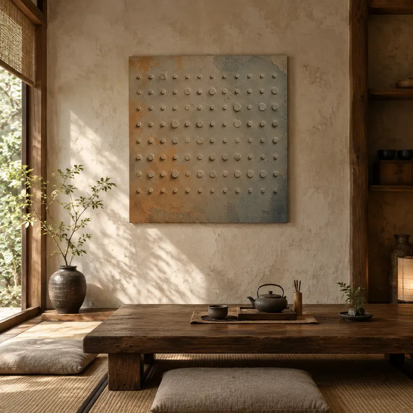Wabi-Sabi abstract oil painting showing layered abstract marks, texture and expressive painterly movement in a brown palette.