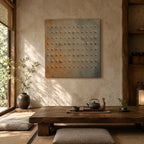 Wabi-Sabi abstract oil painting showing layered abstract marks, texture and expressive painterly movement in a brown palette.