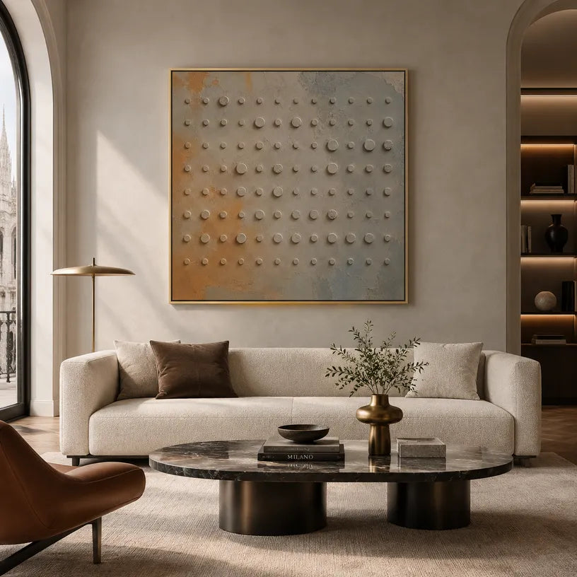 Wabi-Sabi abstract oil painting showing layered abstract marks, texture and expressive painterly movement in a brown palette.