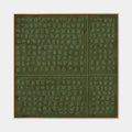 Pittura a olio astratta e concettuale Wabi-Sabi con segni astratti stratificati, consistenza e movimento pittorico espressivo in una tavolozza verde.