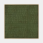 Wabi-Sabi abstract oil painting showing layered abstract marks, texture and expressive painterly movement in a green palette.