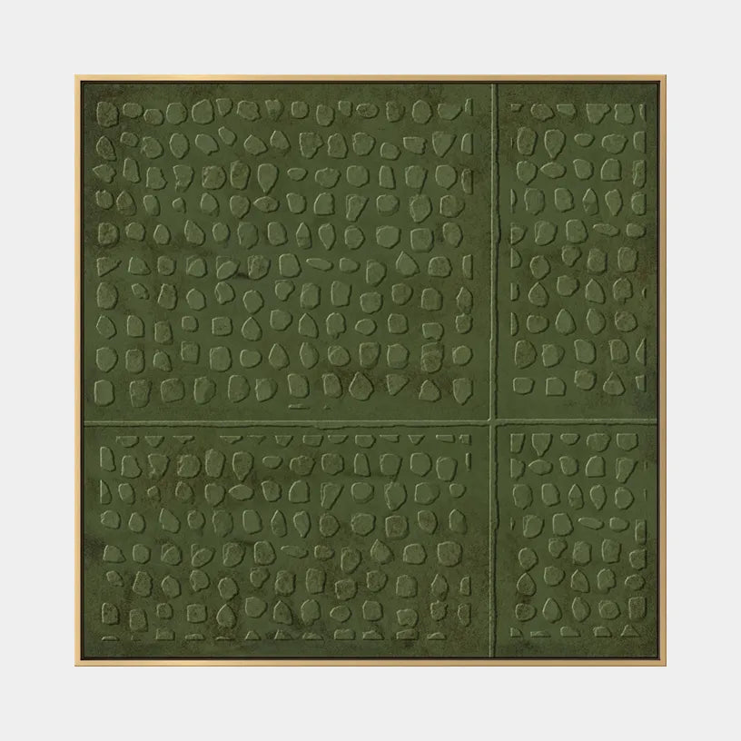 Wabi-Sabi abstract oil painting showing layered abstract marks, texture and expressive painterly movement in a green palette.